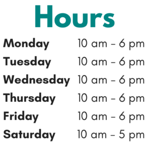 The library is open: Monday - Friday 10 am - 6pm and Saturday 10 am - 5 pm