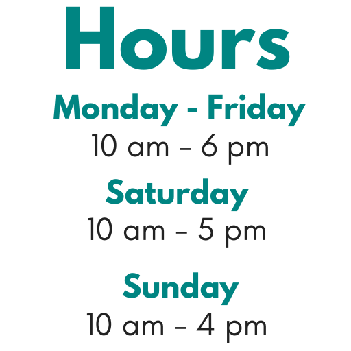 The library is open Monday - Friday 10 am - 6 pm, Saturday 10 am - 5 pm and Sundays 10 am - 4 pm 